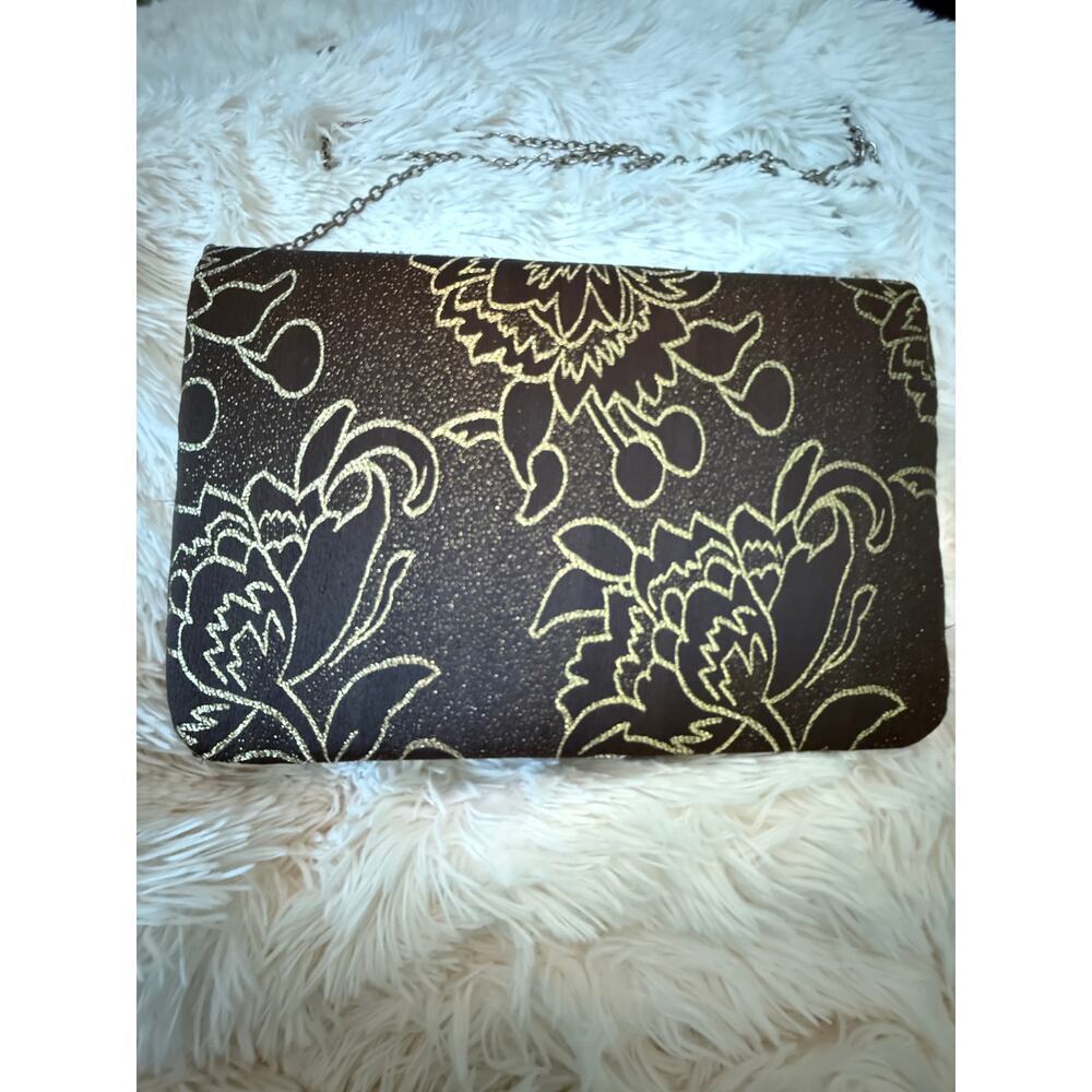 Terramina Brown Material Gold Metallic Embroidery Floral Pattern Envelope Purse - Picture 4 of 9